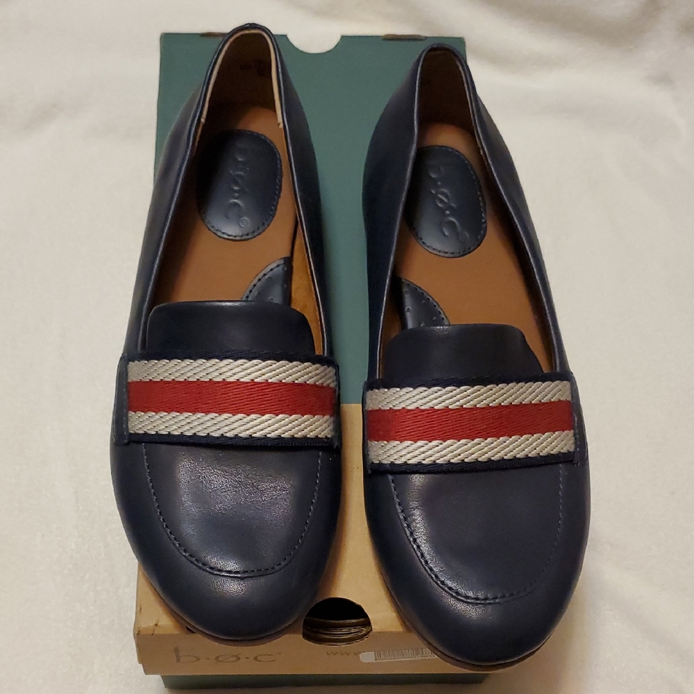 b.o.c. Navy Leather Loafers with Red and Cream Stripe